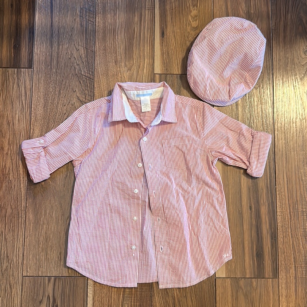Janie and Jack Boys Red/ White Button Down Shirt Size 5 with matching Hat